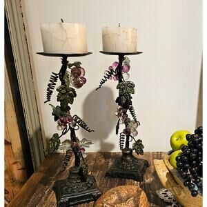 Set of 2 Iron/Metal Grapevine Pillar Candle Holders with Acrylic Lucite Grapes